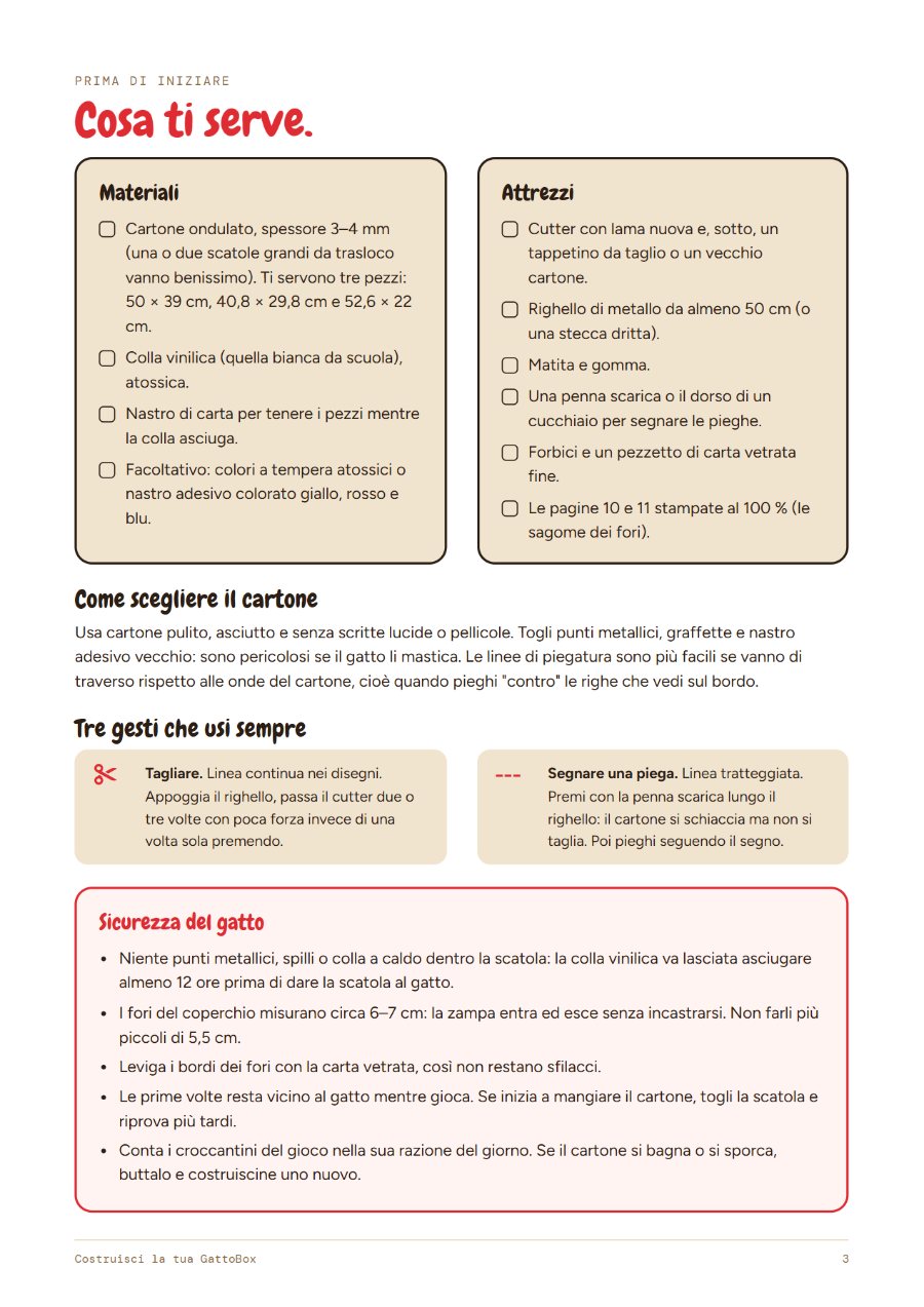 Pagina 3: materiali, attrezzi e regole di sicurezza per il gatto
