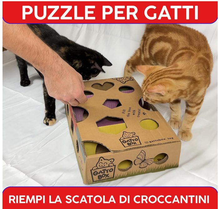 Una mano riempie GattoBox di croccantini mentre un gatto nero e uno rosso guardano. Testo: puzzle per gatti, riempi la scatola di croccantini