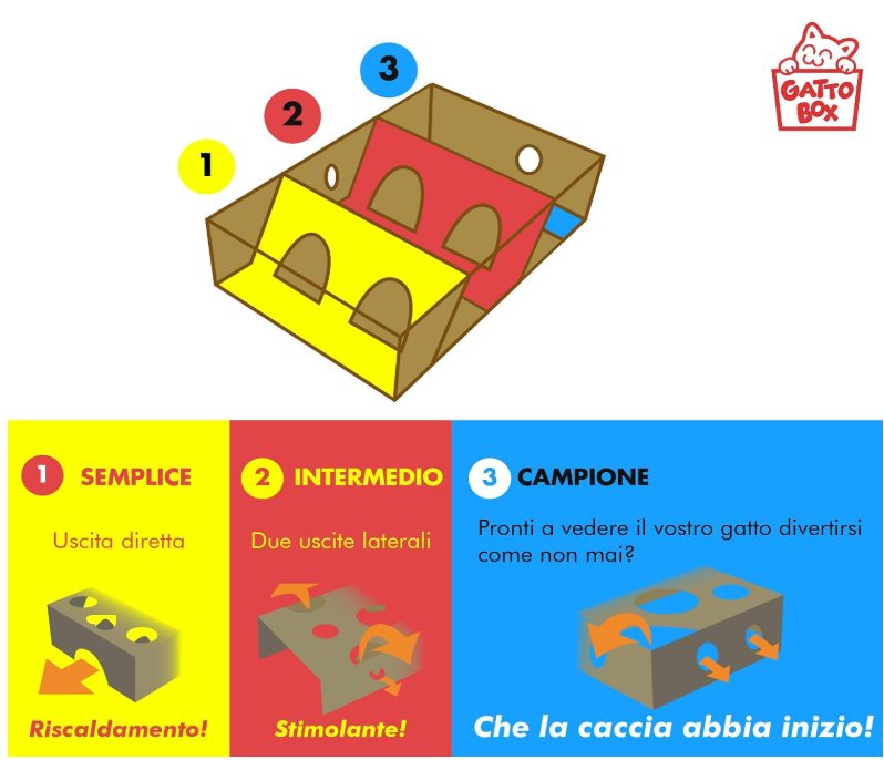 Schema dei tre livelli dentro GattoBox: 1 Semplice con uscita diretta, 2 Intermedio con due uscite laterali, 3 Campione