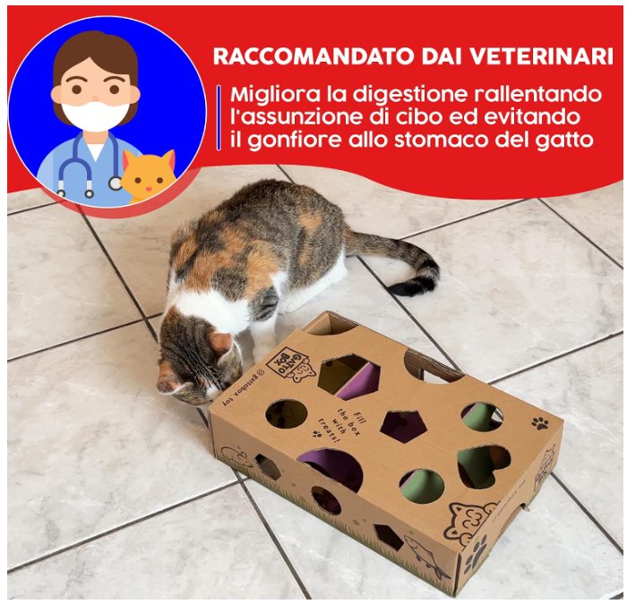 Una gatta tricolore mangia da GattoBox. Testo: raccomandato dai veterinari, migliora la digestione rallentando l'assunzione di cibo